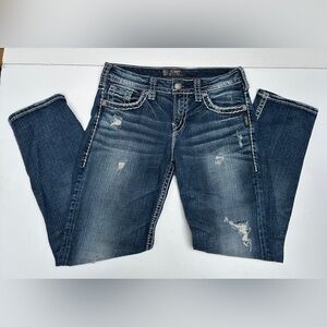 Silver Jeans Co Women's Aiko Distressed Mid Straight Jeans W26 L25 Medium Wash